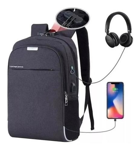 Mochila Notebook 17 Grande Anti Furto Cabo Usb Entrada Fone