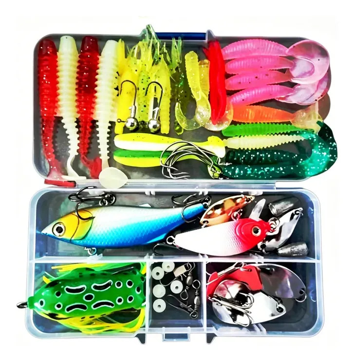Kit 48 Señuelos Pesca Minnow Popper Rana Metal Y Estuche Kit 48 Señuelos Pesca