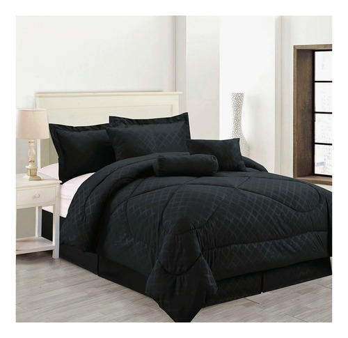 Edredón Reversible 7 Piezas Tamaño King Size 2x2 Negro Liso