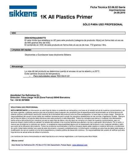 SIKKENS 1K IMPRIMACION DE PLASTICOS ALL PLASTIC 1LT