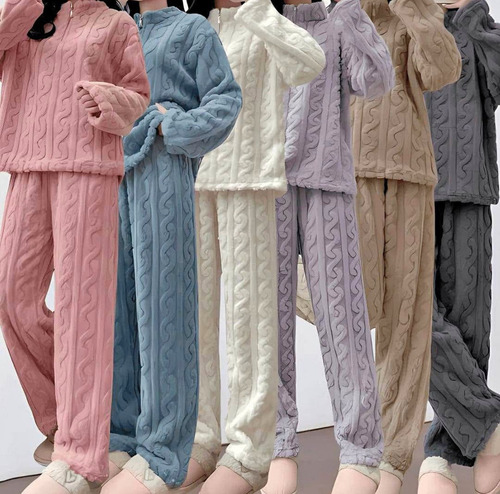 Conjunto Pijama Plush Lana Trenzado Invierno Mujer