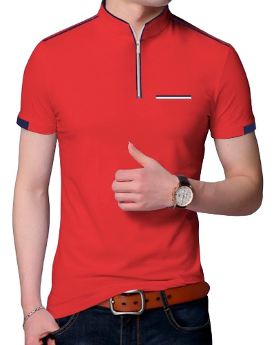 Camiseta Buzo Polo Cuello Alto Rojo Corto Cierre Cremallera