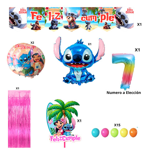 Kit Globos Lilo Y Stitch Hawái Banderin Toppers Numero 70cm Multicolor Número 7