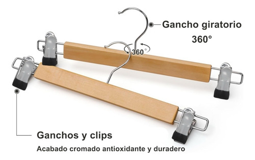 20 Ganchos Para Ropa De Madera Con Clip Antideslizantes Natural