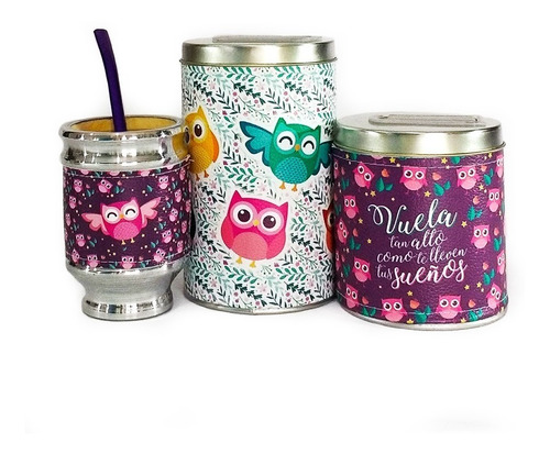 Imagen 5 de 8 de Equipo De Mate Madera Completo Buhos Regalo Cuero Matero