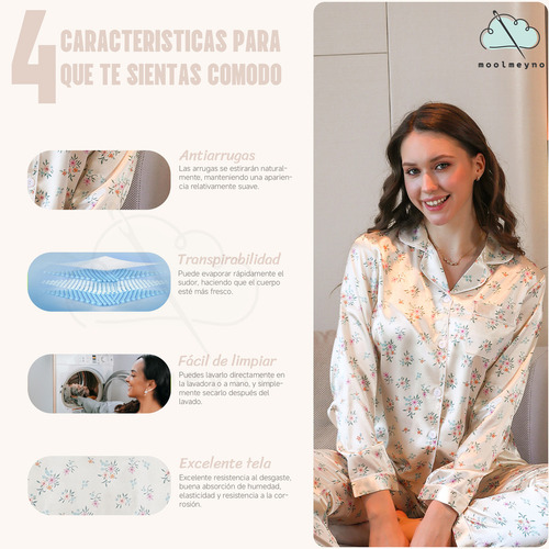 Pijama De Mujer Blanco Con Flores Mangas Largas De Seda