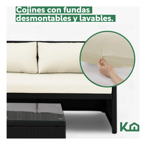 Sillas De Comedor Juego Sala Exterior Esquinera Derecha Beige Con Negro Mueble Ratán Con Mesa De Centro Con Vidrio Templado Resistente Al Agua Los Rayos Uv Para Patio, Terraza, Aire Libre
