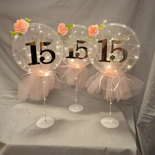 Centro De Mesa De Tul Con Numero Y Luces Led X15