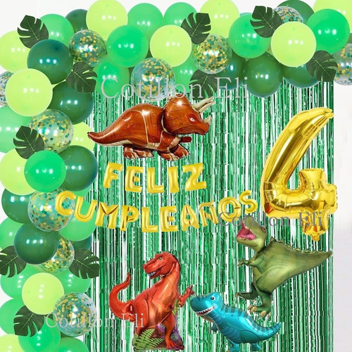 Set Deco Cumple Globos Dinosaurios Cortina Numero 80 Cm