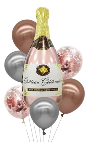 Juego De Globos Botella Champaña Oro Rosa