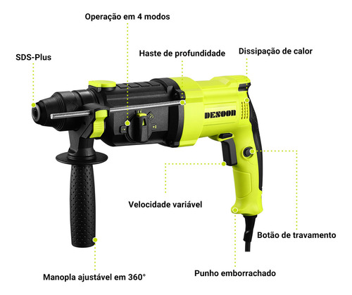 Martelete Rompedor Perfurador 850w Elétrico , Adequados Para Os Modos Perfuração, Martelamento, Perfuração Com Martelo E Perfuração Com Cinzel Desoon