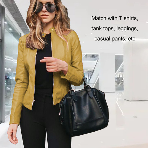 Chaqueta De Pu Con Cremallera Y Cuello Alto Para Mujer
