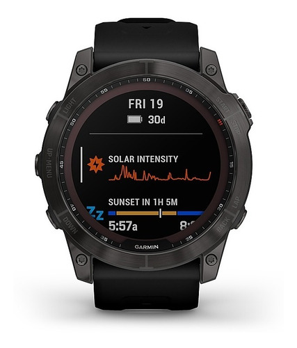 Smartwatch Garmin Zafiro Solar Fenix 7X 1.4" caja 51mm de polímero reforzado con fibra negra, malla negra de silicona y bisel carbon gray de titanio y dlc