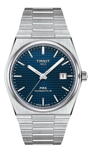 Reloj pulsera Tissot T-Classic PRX powermatic 80 de cuerpo color gris, analógico, para hombre, fondo azul, con correa de acero inoxidable color gris, agujas color gris y blanco, dial gris, minutero/segundero gris, bisel color gris y mariposa