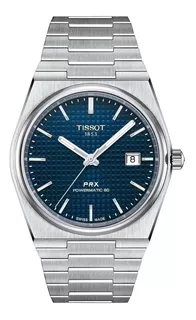 Reloj pulsera Tissot T-Classic PRX powermatic 80 de cuerpo color gris, analógico, para hombre, fondo azul, con correa de acero inoxidable color gris, agujas color gris y blanco, dial gris, minutero/se