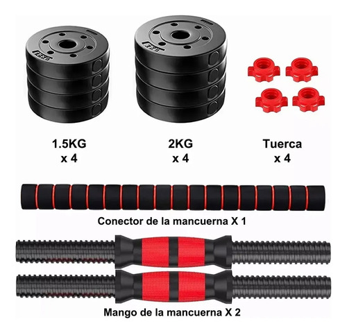 Mancuernas Pesas Y Barra Recta Ejercicio Kit Ajustables 15kg Rojo