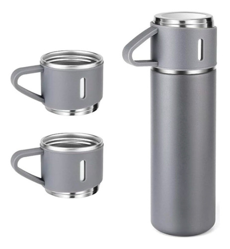 Termo Bebidas Frias Y Caliente + 3 Tazas En Acero Inoxidable Gris
