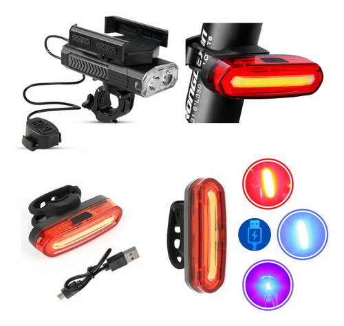 Kit Lanterna 3 Cores E Farol Bicicleta Led Duplo Power Bank