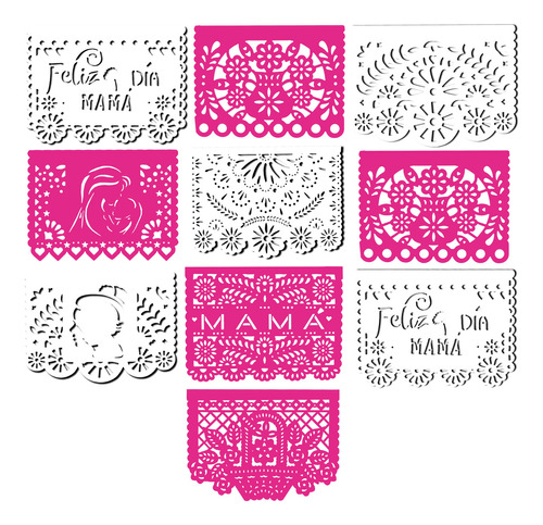 Papel Picado - Guirnalda Decorativa 10 De Mayo Color Rosa Mexicano - Blanco