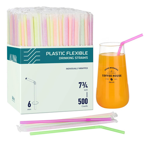 500 Popotes Flexibles De Plástico Neón, Envueltos Individual