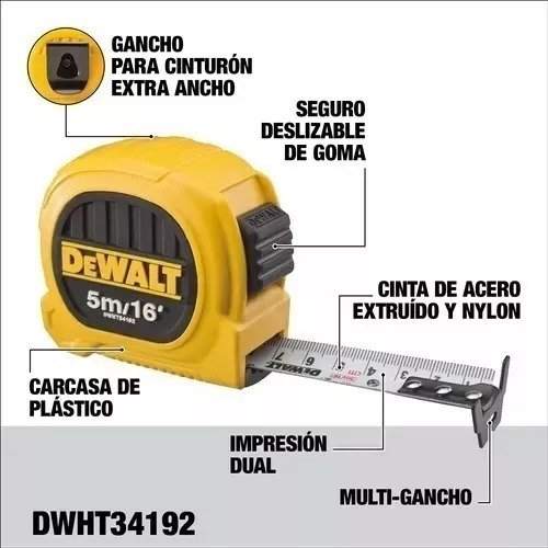 Huincha De Medir 5m/16' Diseño Compacto Dewalt Dwht34192l