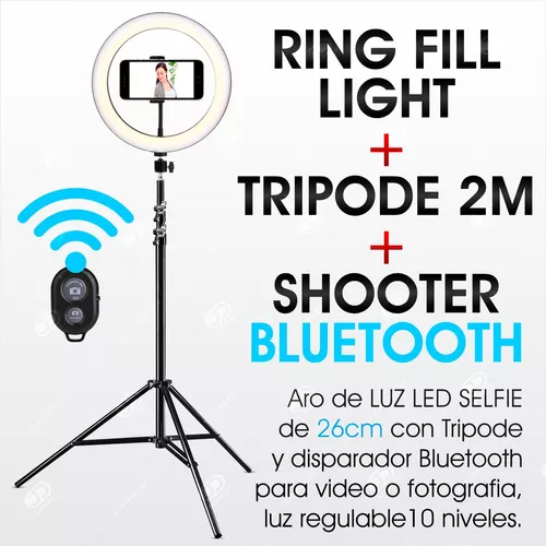 Aro Luz 26cm Celular Trípode 2m Bluetooth Led 3 Tonos 10 Niv