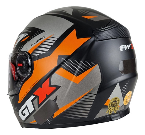 Capacete Fw3 Gtx Rapid Preto Laranja Com Oculos Interno Fume