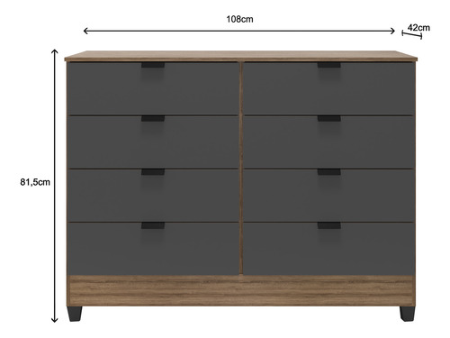 Cômoda Industrial 8 Gavetas P/ Quarto Casal Organizador De Roupas Cor: Cinza Com Madeirado E Design Moderno E Sofisticado Mod. Gk