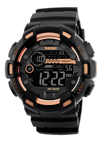 Reloj pulsera Skmei 1243 de cuerpo color negro, digital, para hombre, fondo negro, con correa de poliuretano color negro, dial gris, minutero/segundero gris, bisel color negro, luz celeste y hebilla simple