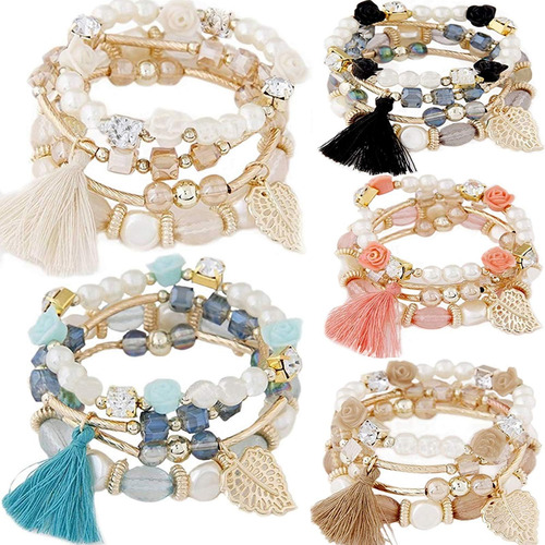 Yunanwa Paquete De 5 Pulseras De Cuentas Bohemias Multicapa
