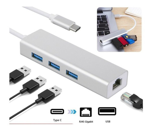 Adaptador Tipo C A Lan Rj45, Mac Windows, Hub 3 Ptos Usb 3.0