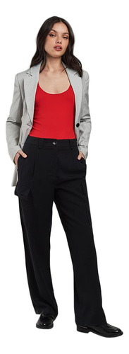 Pantalón Sastre Negro Recto Para Mujer Casual Con Bolsas