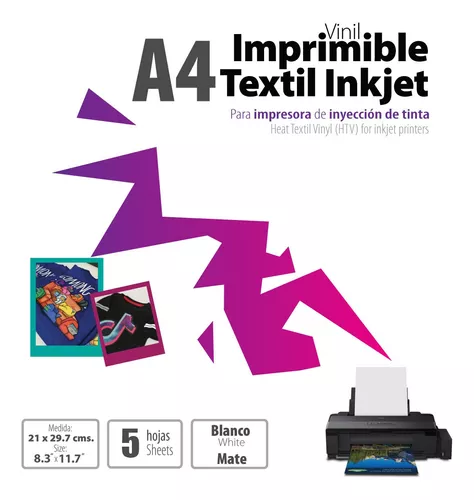 Vinil Textil Imprimible Inkjet Premium 5 Hojas Tamaño A4