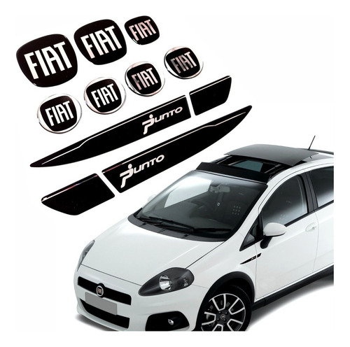 Kit 9 Adesivos Emblema Black Fiat Punto 2008/2016 Res40