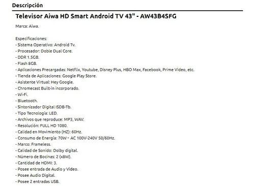 Imagen 4 de 5 de Smart Tv Televisor 43 Pulgadas Aiwa Fhd Android Wifi Netflix