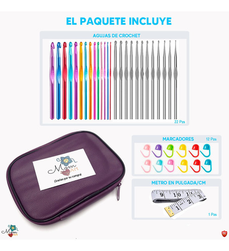 Imagen 2 de 8 de Kit 22 Agujas Crochet Metálicas + 12 Marcadores + Metro 36un
