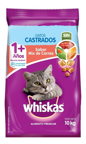 Imagen 2 de 10 de Whiskas Combo Gatos Castrados Alimento 10kg +sobre Pollo 12u