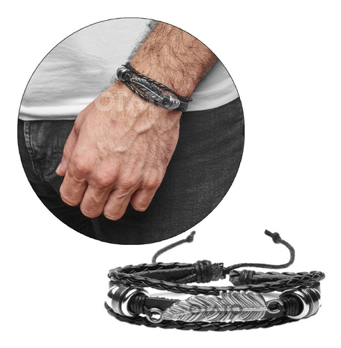 Pulsera Hombre Cuero Genuino Dije Acero Pluma Brazalete