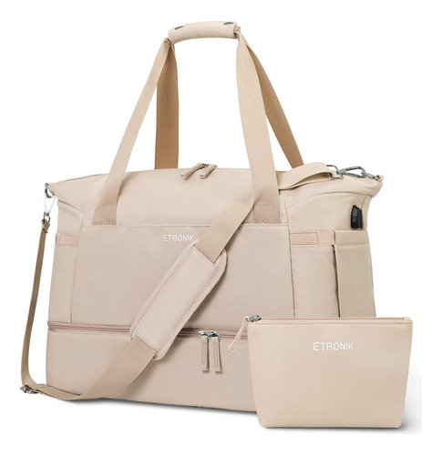 Bolso De Viaje Deportiva Con Puerto De Carga Usb Beige-m