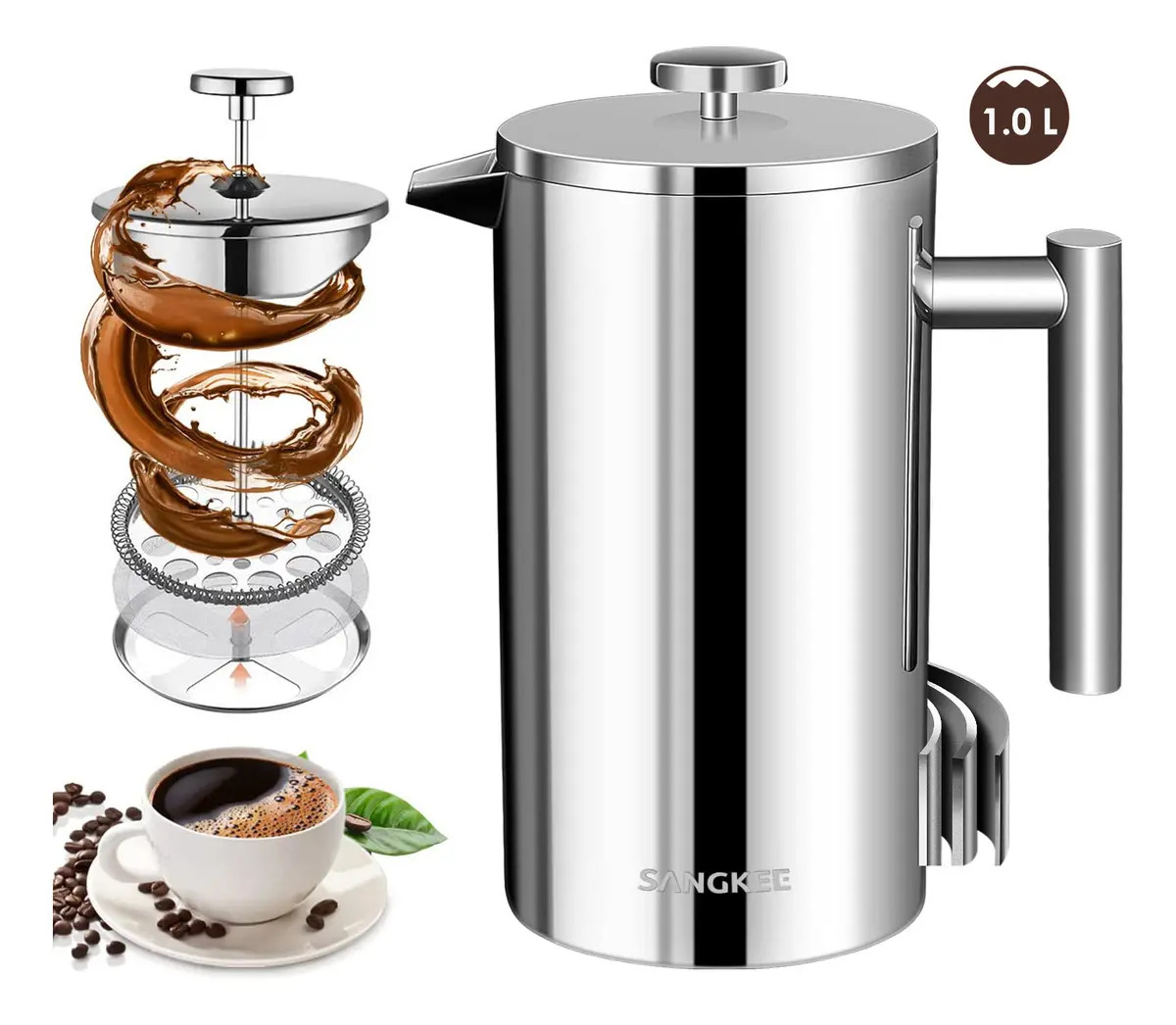 SANGKEE Cafetera Prensa Francesa De Acero Inoxidable De Doble Pared 1000ml Cafetera Y Tetera Cafetera De Émbolo Hacer Café Y Té Mejor