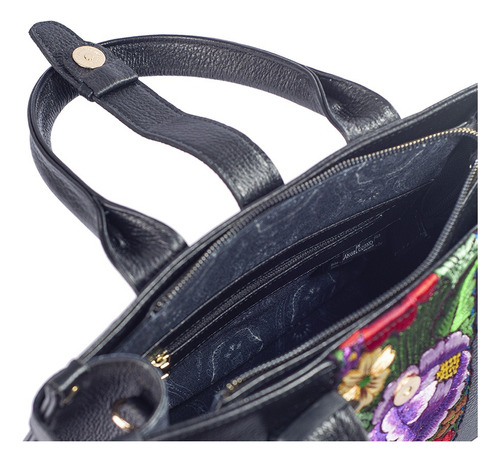 Bolsa De Piel Con Telar Zinacantan Hecho A Mano Color Negro Diseño de la tela Samantha telar zinacantan