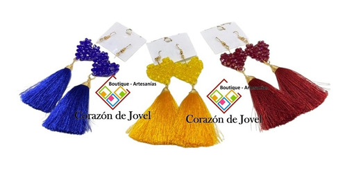 Finos Aretes Artesanales De Corazón Con Pedrería Y Flecos 