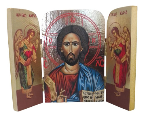 Triptico Italiano Icono Cristo Pantocrátor 19 Cm 