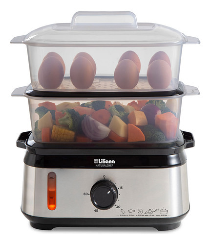 Imagen 2 de 8 de Vaporiera Liliana Av925 Naturalchet Digital 950w 3 Niveles Color Acero Inox