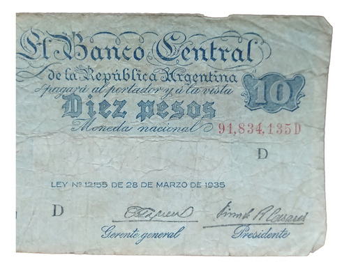 Antiguo Billete 10 Pesos Efigie Progreso 1946 Bott 1887
