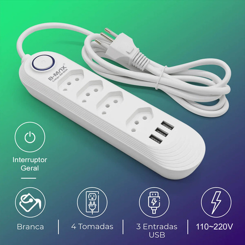 Extensão Bivolt Com 3 Usb Tipo-c E Botão