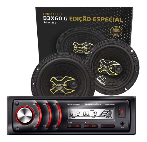 Imagen 2 de 4 de Combo Audio Car Estéreo + Parlantes 6 Pulgadas Bravox Gold