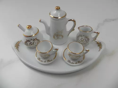 Jogo de miniatura de porcelana café chá branco ouro