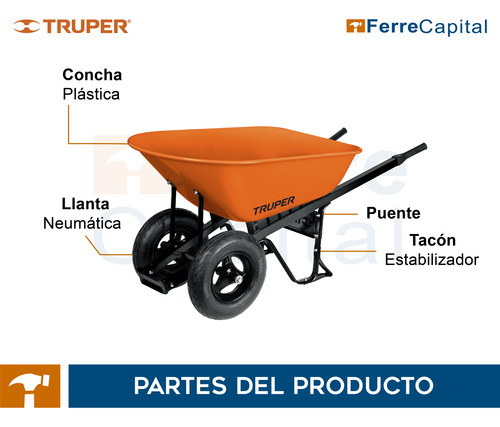 Carretilla 8 Ft3 Doble Llanta Neumática, Bastidores Acero