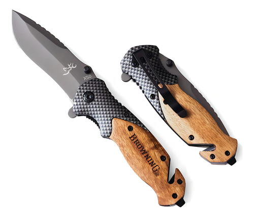 Browning Knives X50 Cuchillo Plegable Táctico, Madera + Mango De Fibra De Carbono, Cuchilla 440c 57hrc Edc Para Camping, Supervivencia, Bolsillo, Cuchillo Plegable